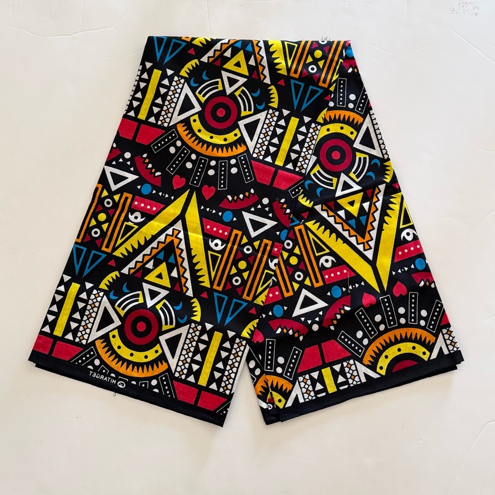 Vibrant Black, Yellow, Red,Blue Multicolor Geometric Print Cotton Fabric